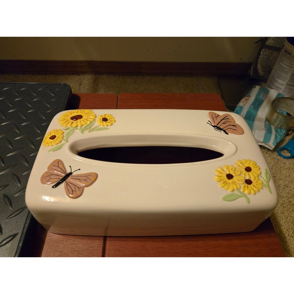 Vintage Ceramic Tissue Box Cover Cream Sunflower Butterfly Floral Rectangular